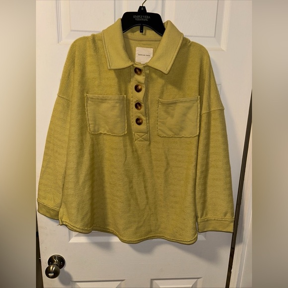 American Eagle Womens Med Oversized Shirt Yellow Collard Long Sleeve Heavy - Picture 1 of 4